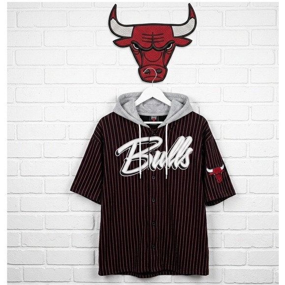 Other - 🔥Chicago‎ Bulls 🚨Hooded Baseball Jersey Black Pinstripe Y2K Gorpcoree